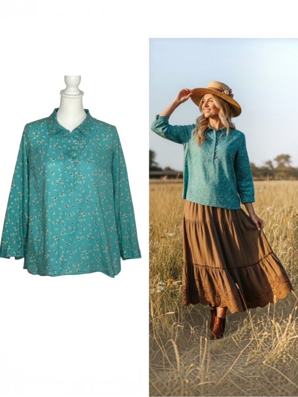Talbots Popover Teal Floral Blouse sz Petite L EUC Prairie Cottagecore granny